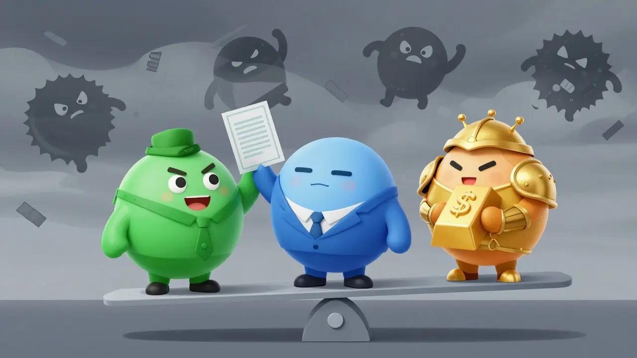 Three rounded asset characters balancing on a seesaw during a storm