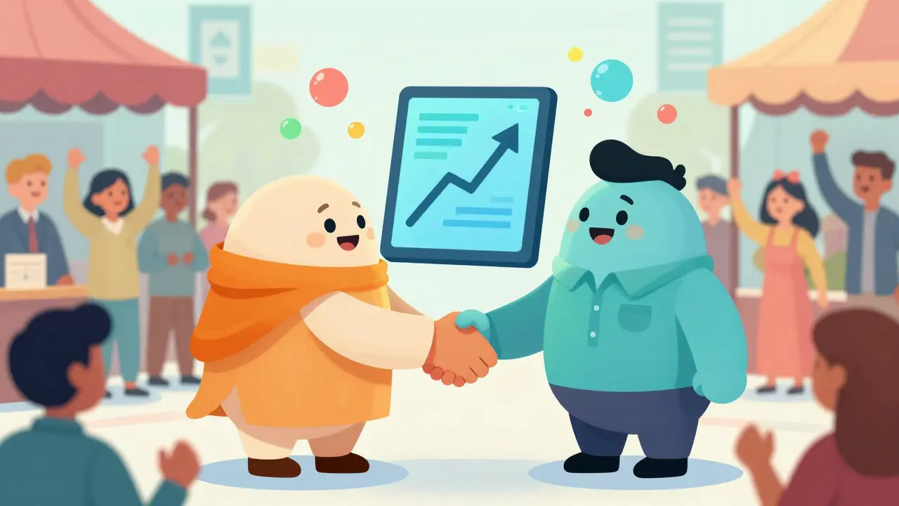 Two cartoon investors shaking hands over a tablet showing market growth