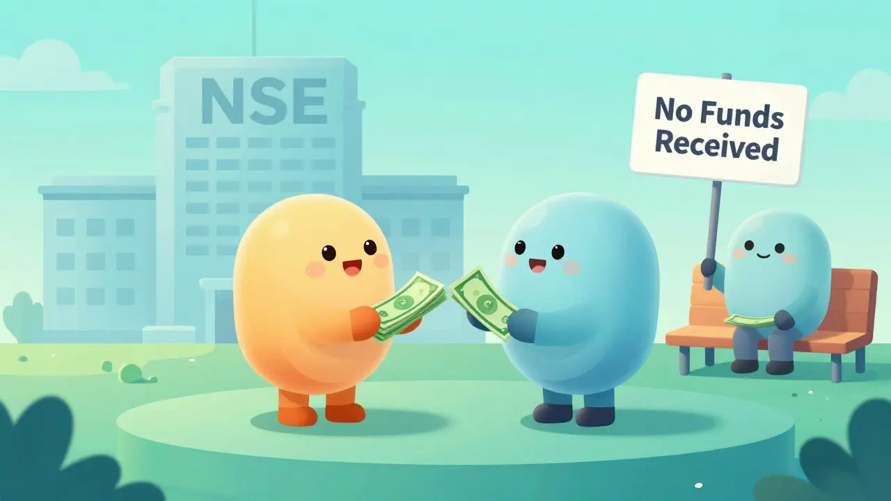 Two cartoon traders exchanging shares while the company watches from the sidelines