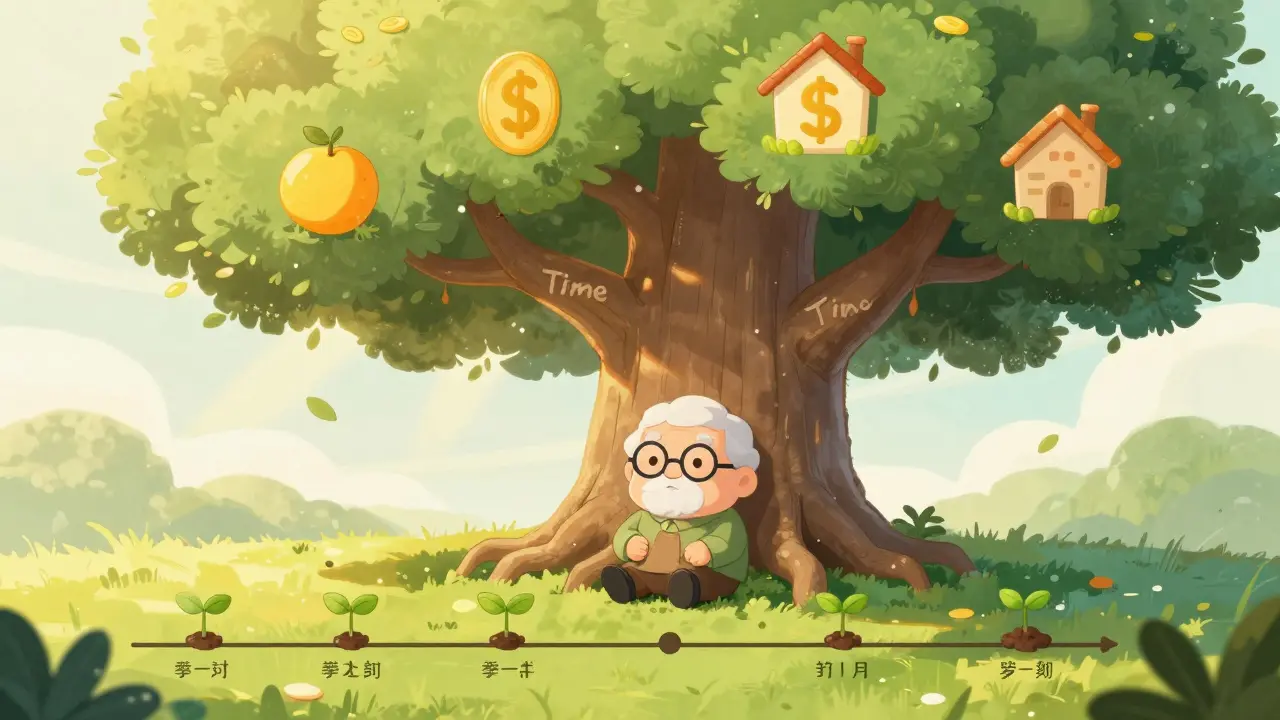 Wise cartoon elder sitting under a large tree symbolizing compound interest and long-term growth.