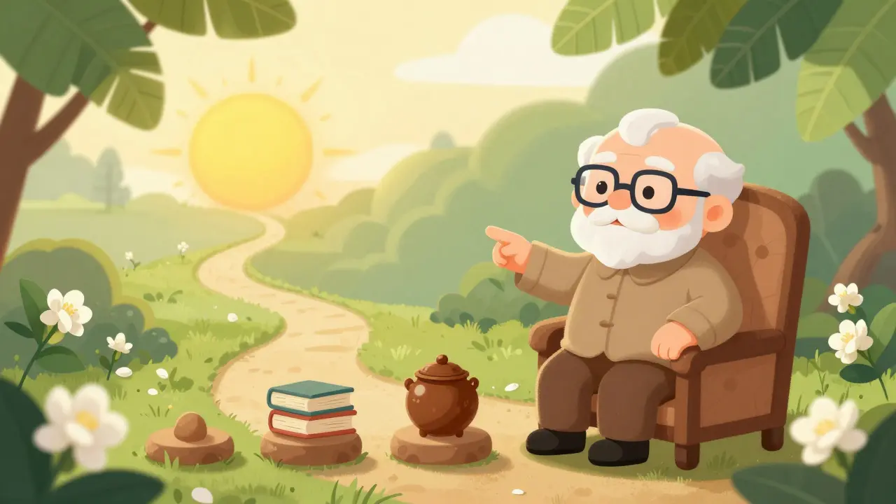 Wise mentor pointing to a path leading up a hill towards a bright sun
