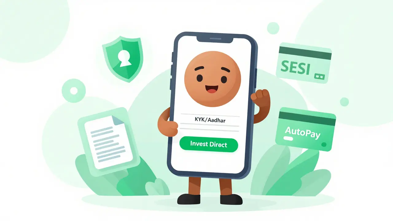 A cartoon investor using a smartphone app to invest directly in mutual funds safely.