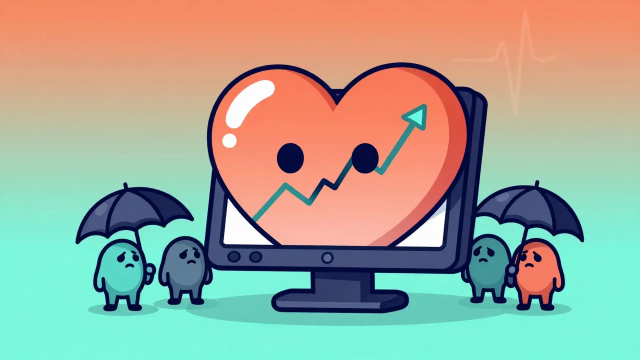 Anthropomorphic heart monitor showing rising fear index with nervous investors
