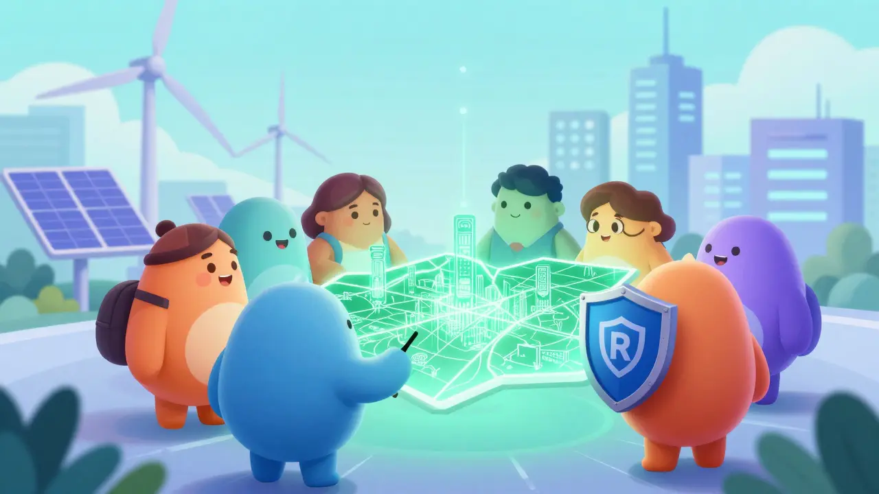 Cartoon characters viewing a glowing smart city map of Hyderabad with sustainability icons.