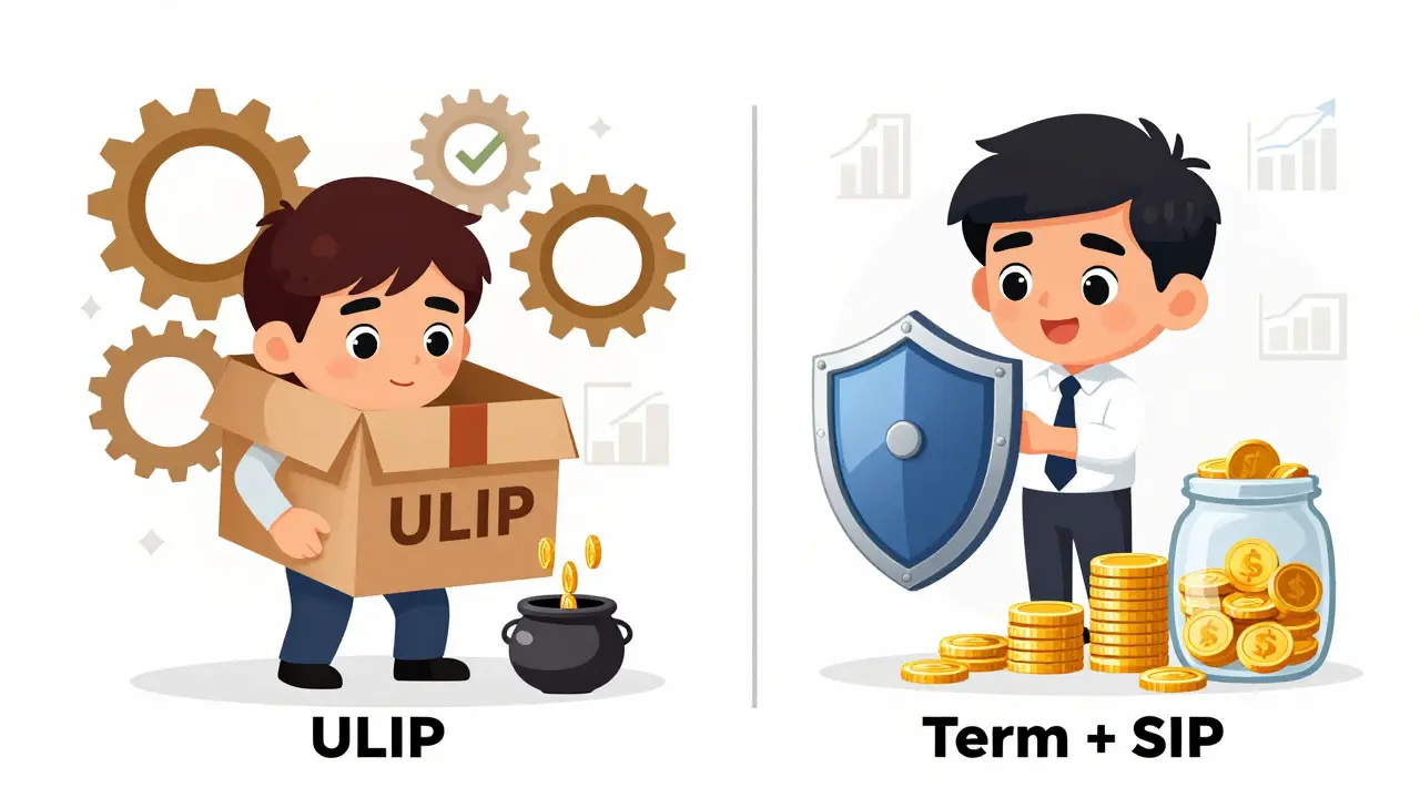 Cartoon comparison showing ULIP vs Term Insurance plus SIP strategies