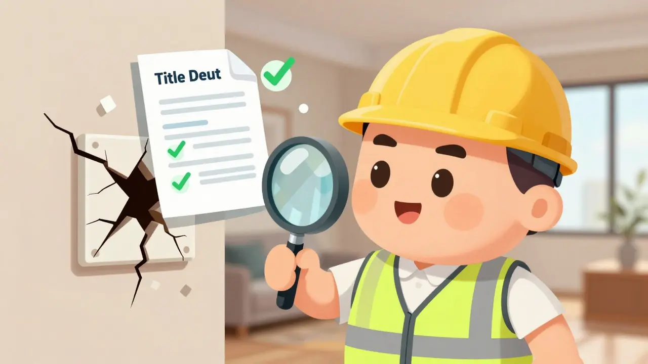 Cartoon engineer inspecting wall cracks and verifying legal documents