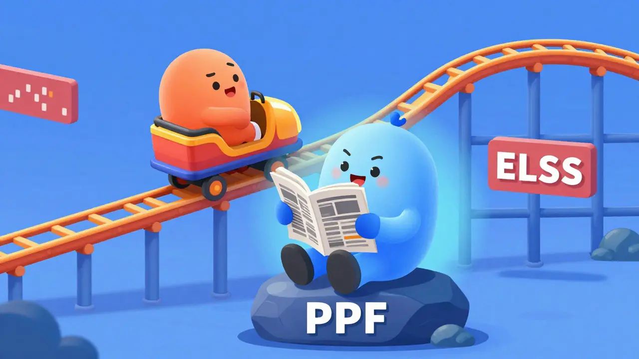 Cartoon illustration of PPF safety rock vs ELSS market rollercoaster ride