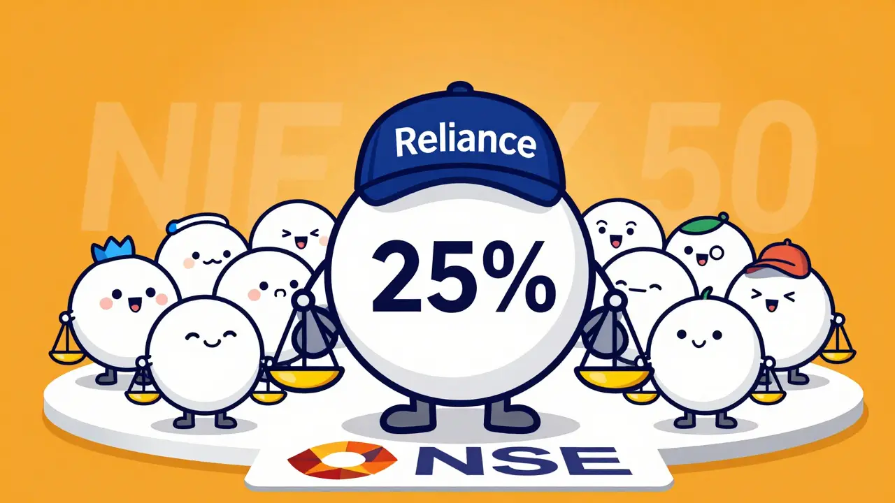 Cartoon showing NIFTY 50 weight capping with rounded stock characters