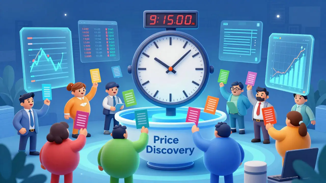 Cartoon traders participating in market pre-open session