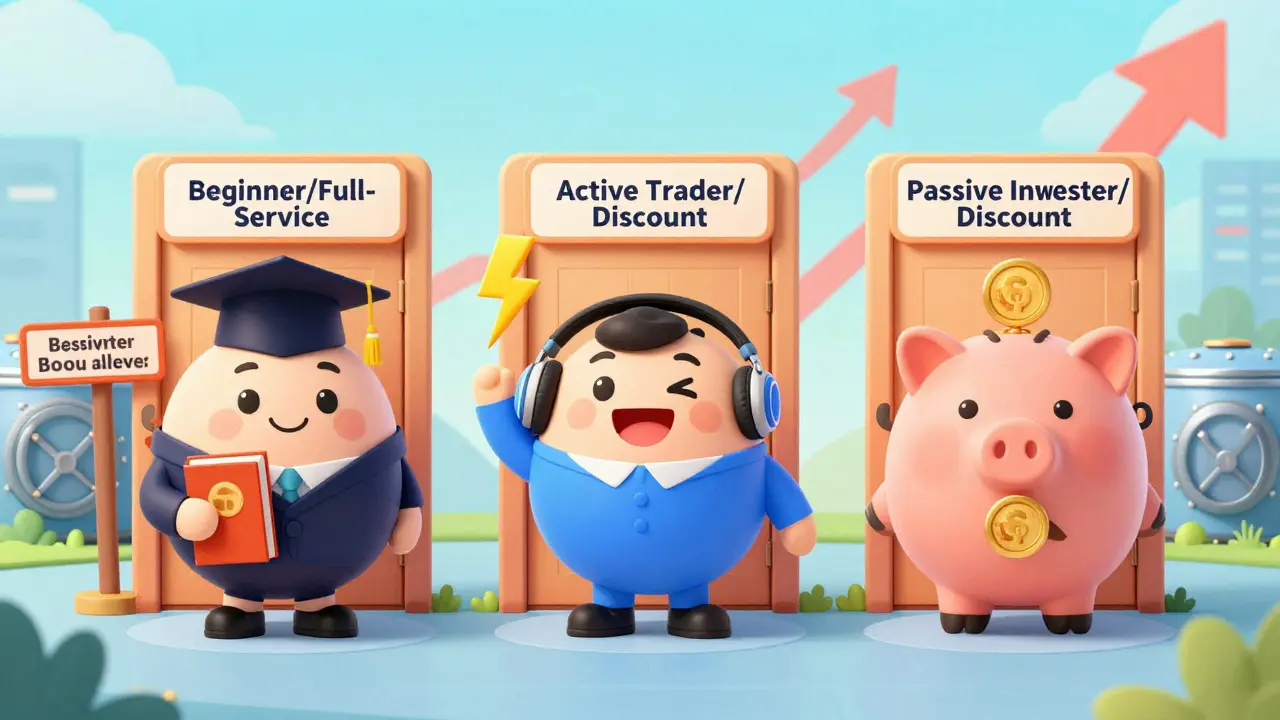 Characters selecting brokers based on experience and goals