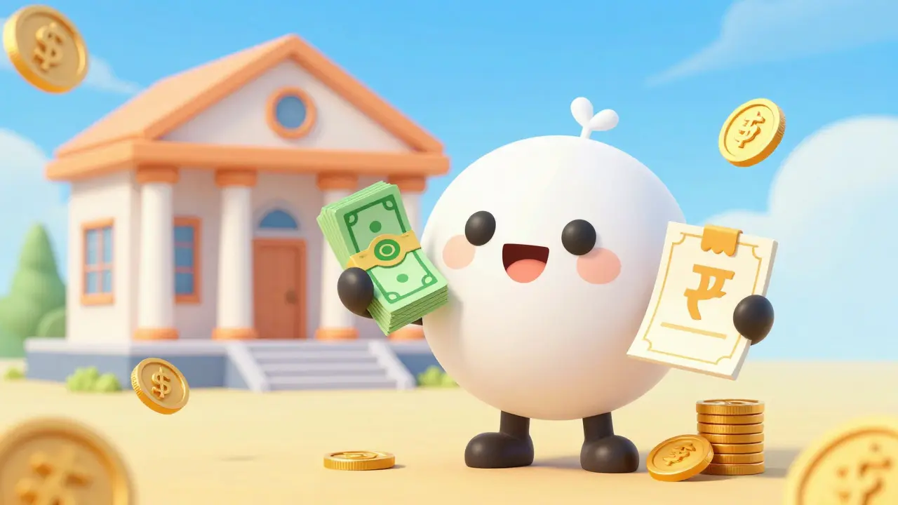 Cheerful cartoon character holding cash and certificates