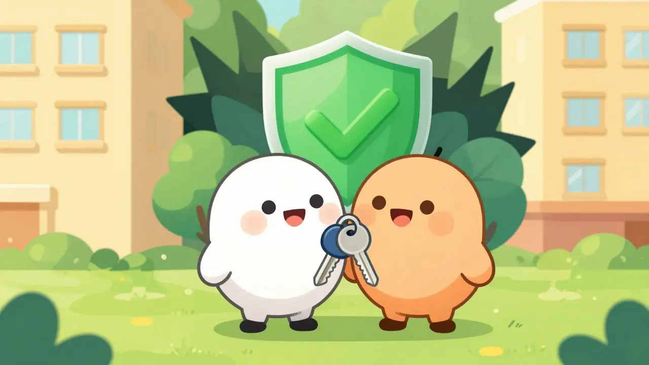 Couple holding keys with protective shield icon