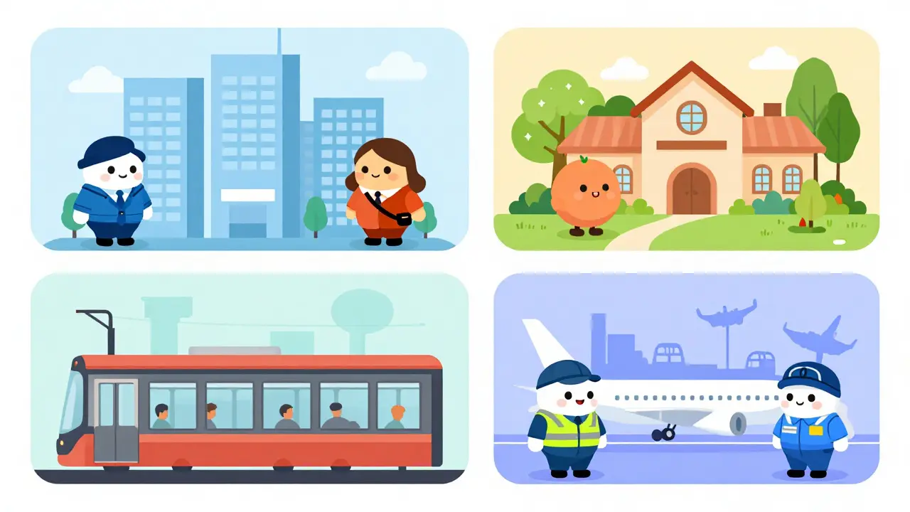 Four-panel cartoon illustration showing different Hyderabad neighborhoods and their unique tenants.