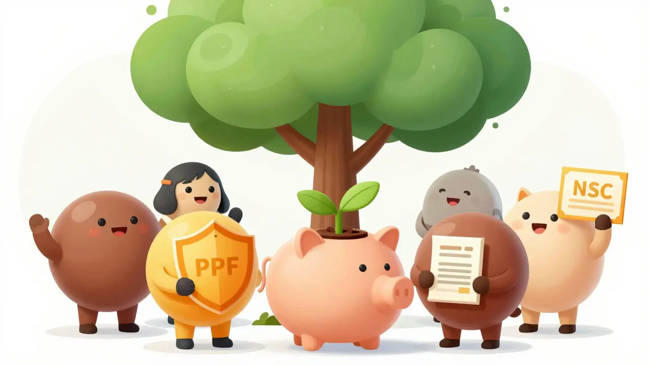 Friendly cartoon characters discussing various investment options around a tree