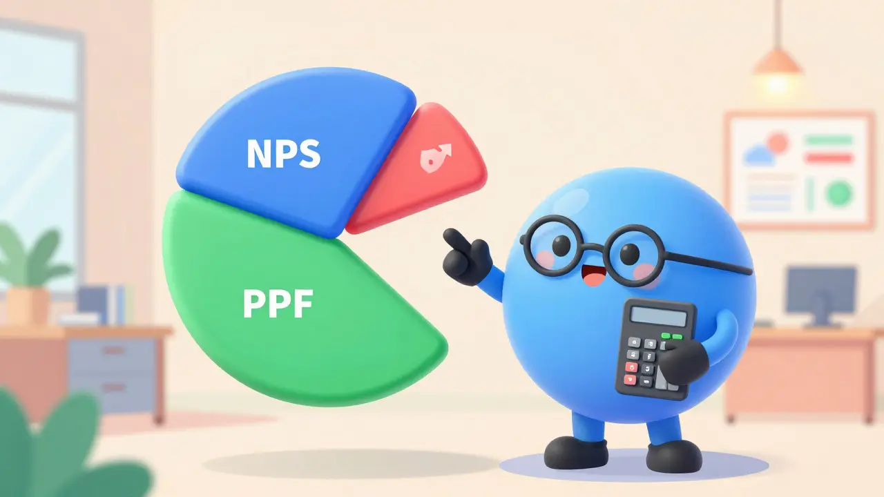 Friendly cartoon planner explaining NPS, PPF, and equity investments visually