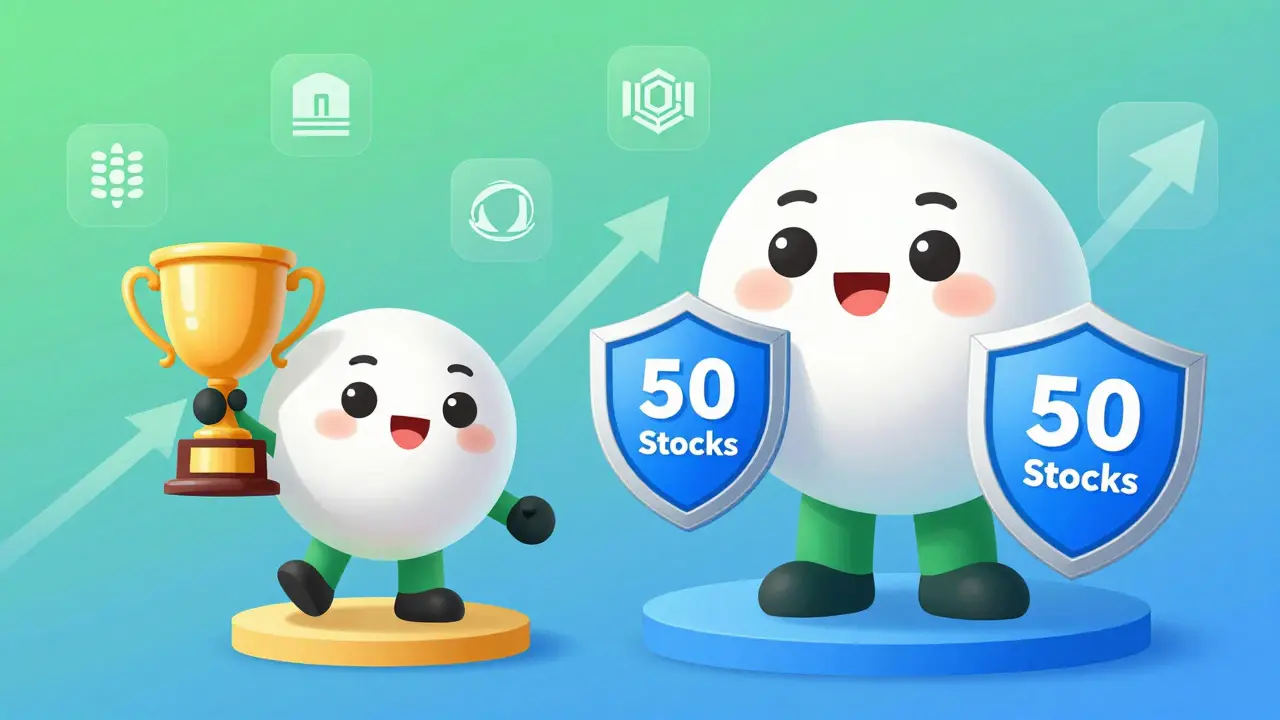 Friendly mascots comparing Sensex and Nifty indices with visual metaphors