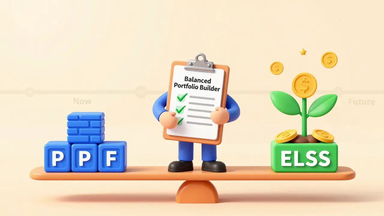 Happy cartoon investor balancing PPF bricks and ELSS growth plant