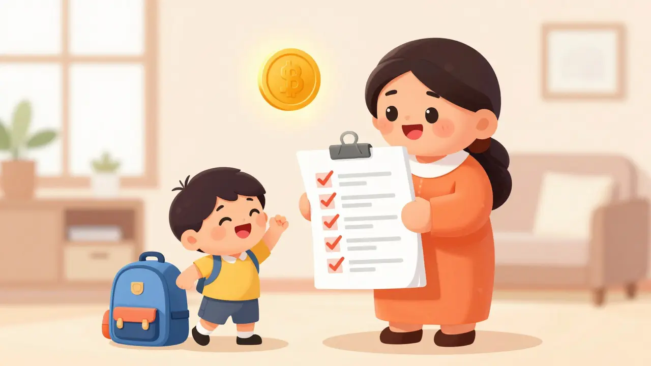 Happy mother checking off a list with a child nearby, symbolizing tax savings