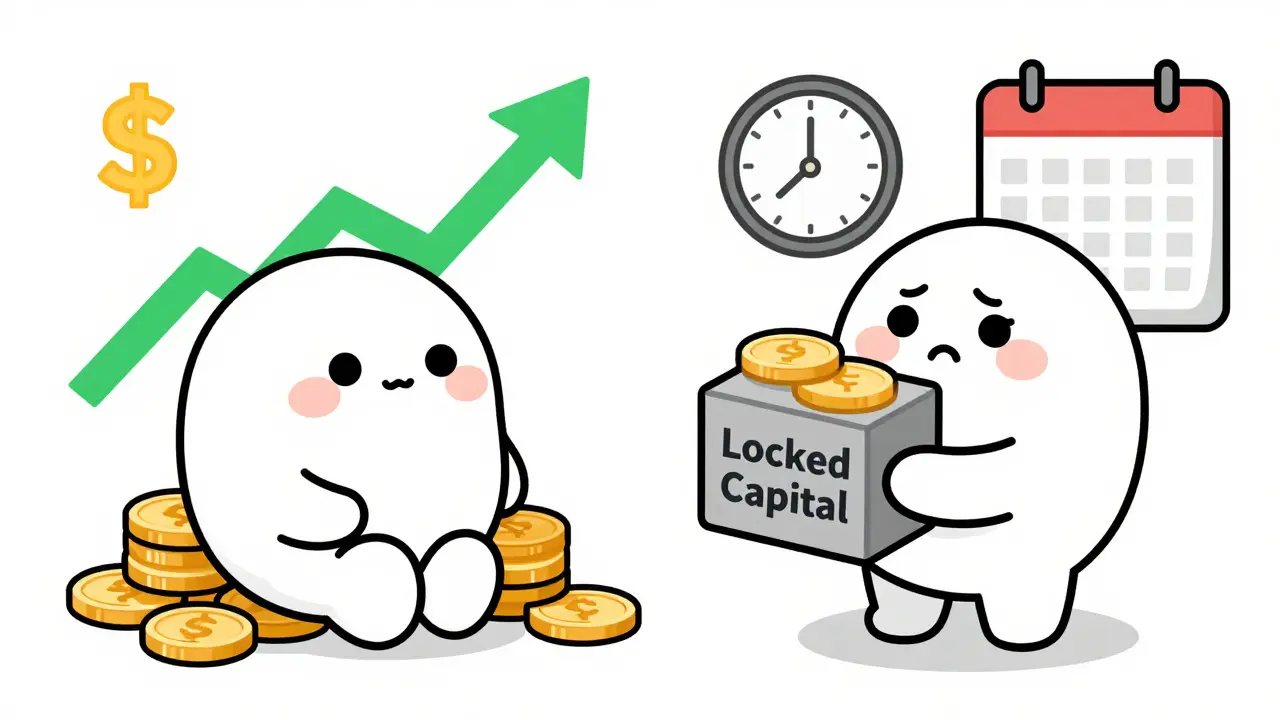 Illustration contrasting profit gains vs locked capital risks
