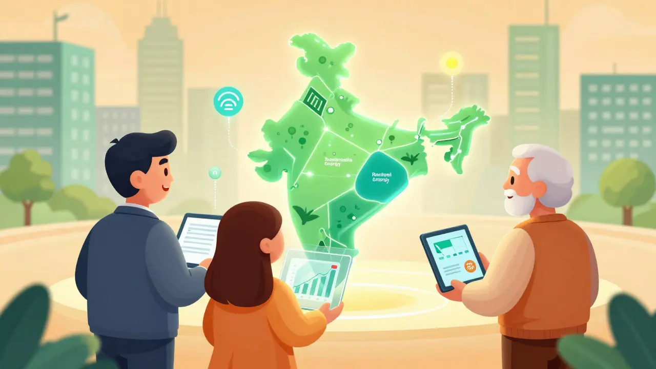 Investors viewing future growth sectors on a glowing map