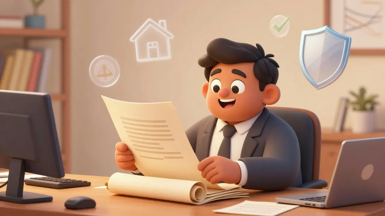 Lawyer reviewing property deed scrolls at desk