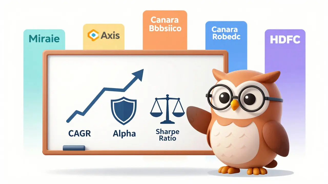 Owl mentor explaining ELSS metrics like CAGR and Alpha