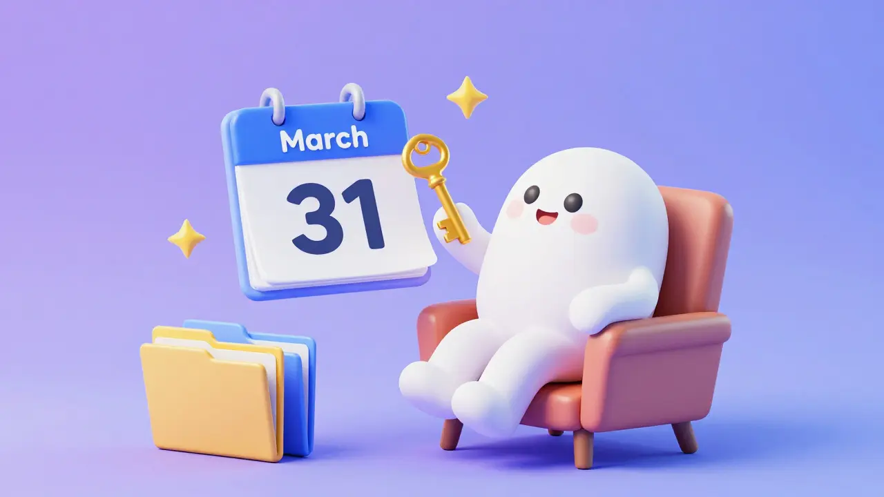 Relaxed cartoon character reviewing a tax deadline calendar with organized documents