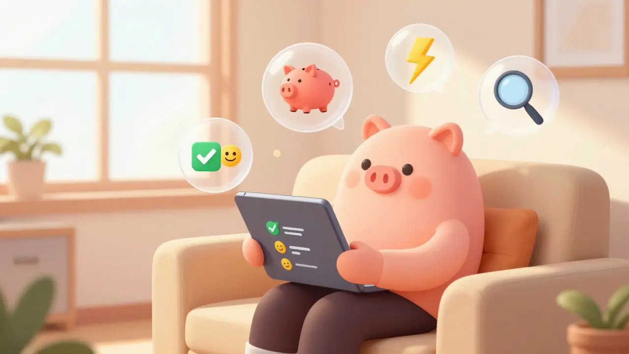Relaxed cartoon investor checking tablet with floating strategy icons