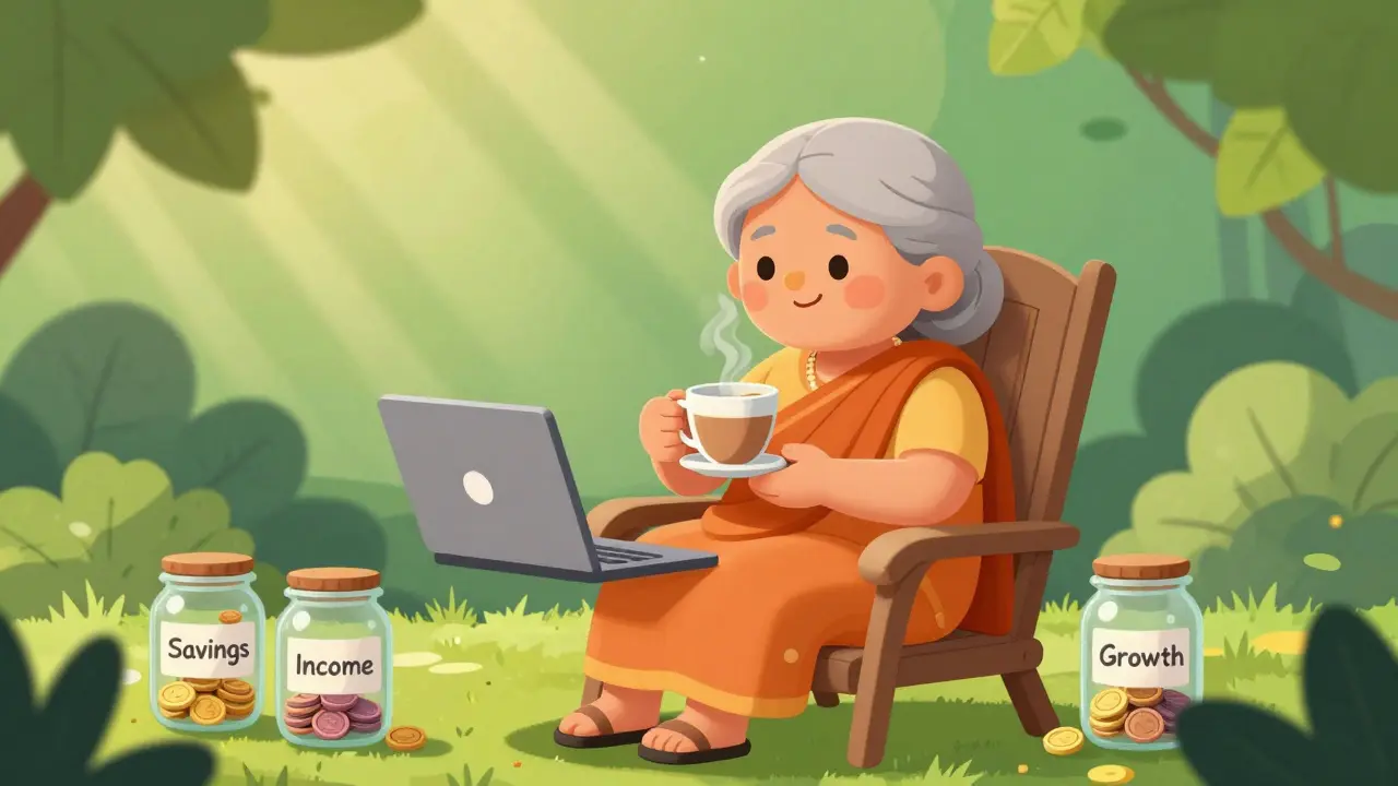 Retired woman enjoying peace with diversified savings