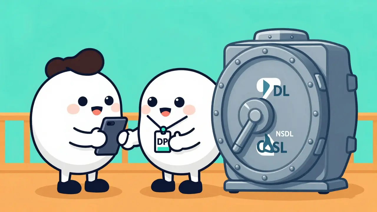 Rounded cartoon DP character bridging investor and secure vault
