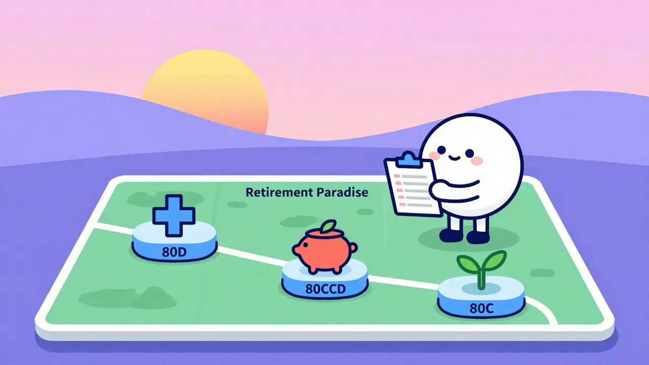 Rounded character planning retirement path with tax deduction steps
