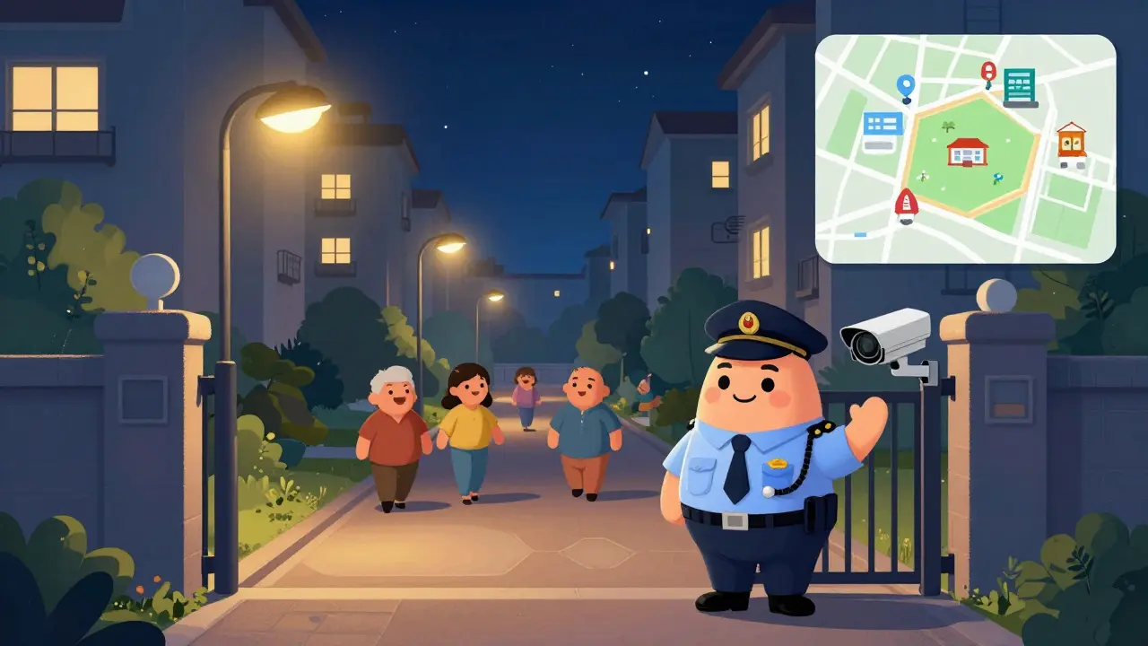 Secure residential complex at night with happy residents and amenities