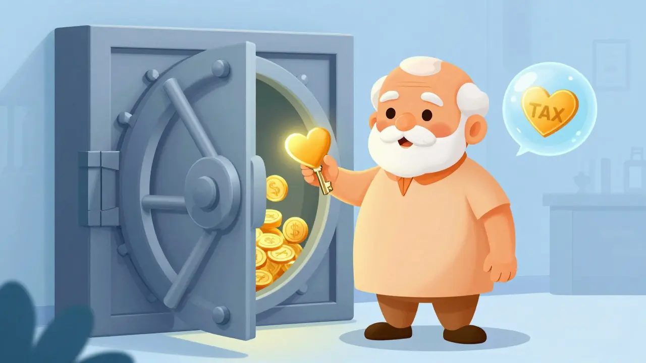 Senior citizen securing retirement funds in a safe vault illustration