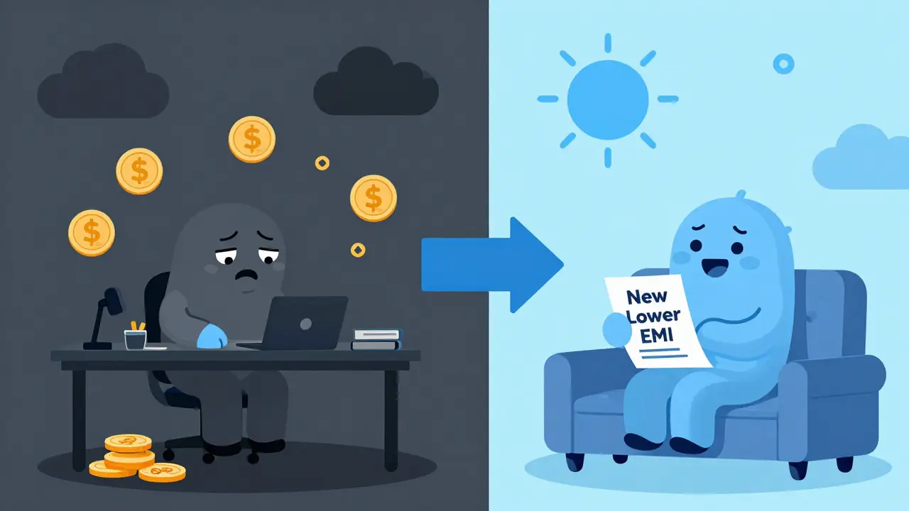 Split illustration comparing high stress vs low EMI relief