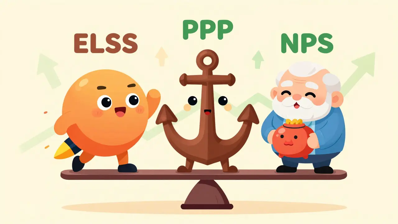 Three rounded cartoon characters representing ELSS, PPF, and NPS investment strategies.
