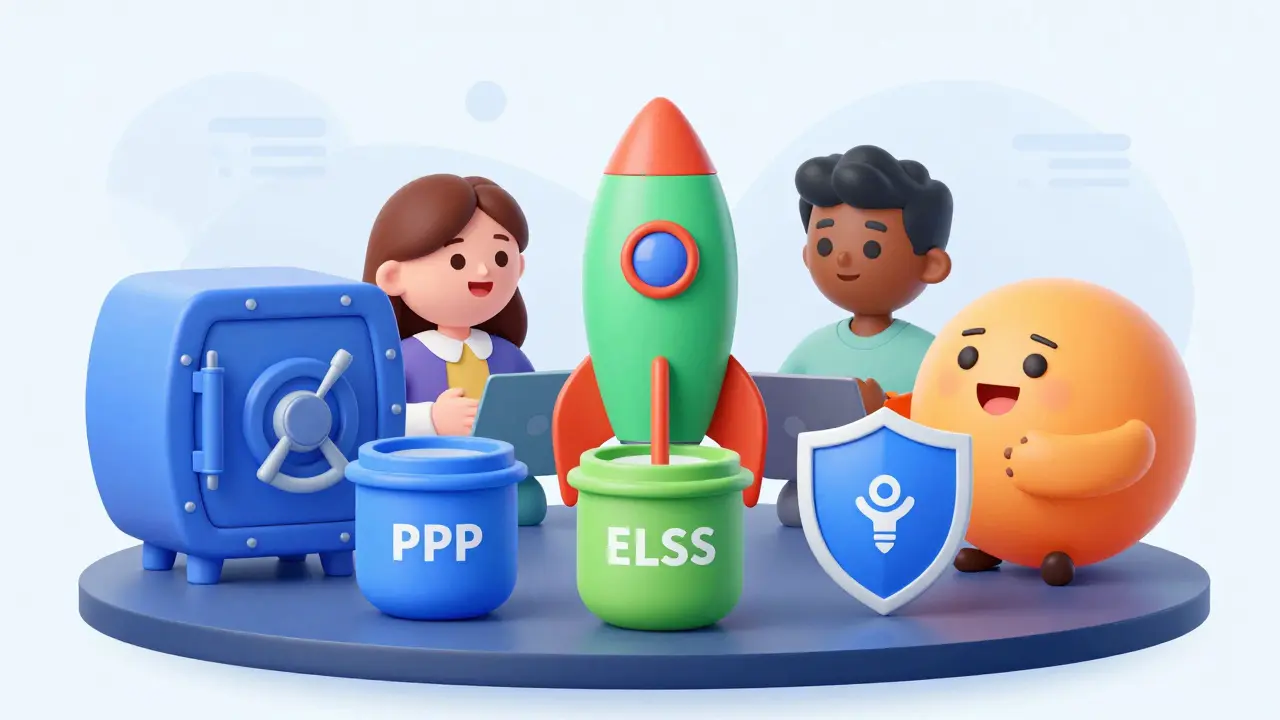 Three rounded characters discussing diversified investments like PPF and ELSS at a table