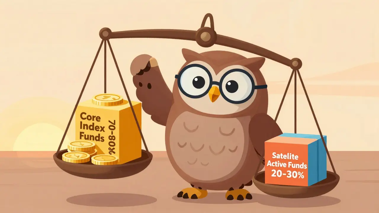 Wise owl balancing core index funds and satellite active funds on a portfolio scale