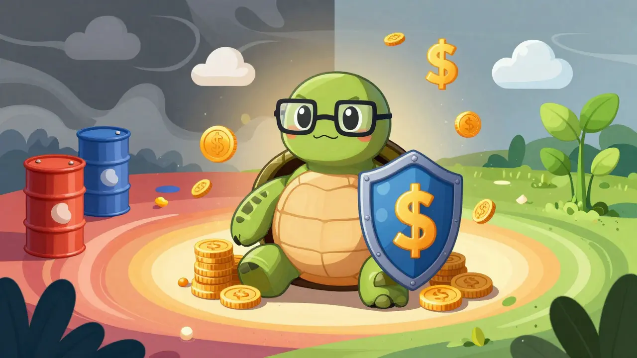 Wise turtle character protecting assets with gold shield against market chaos