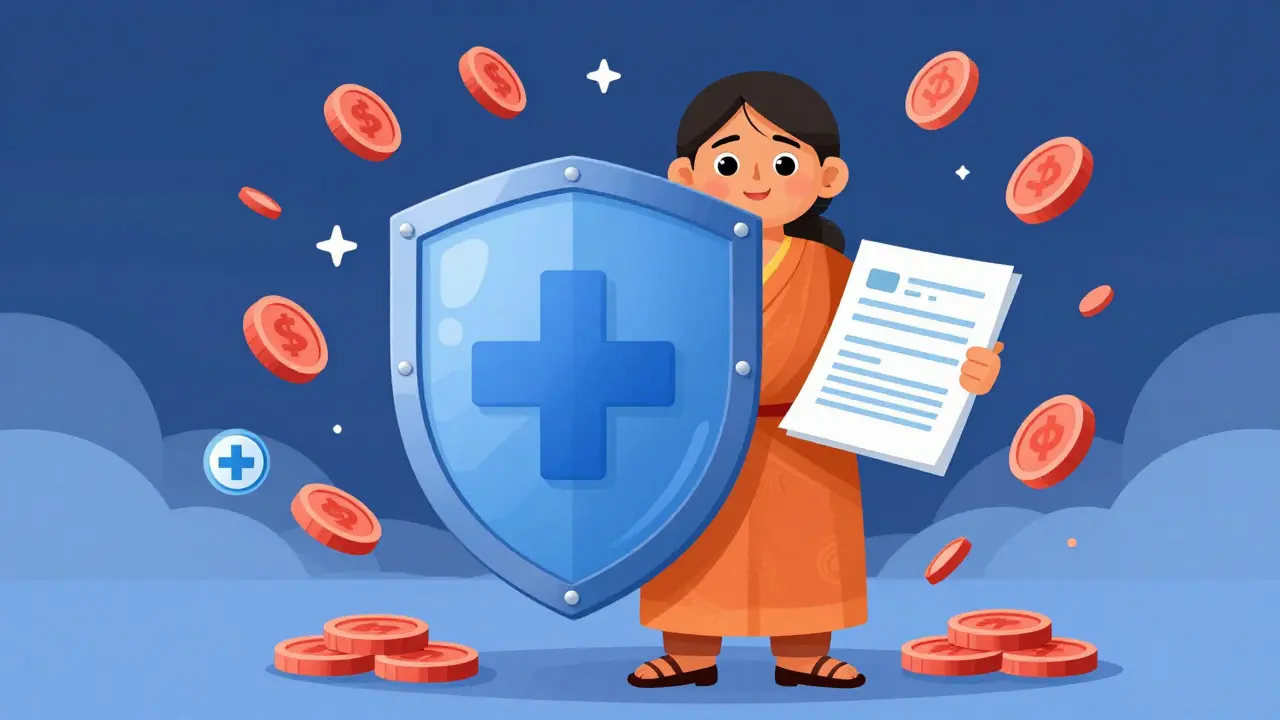 Woman protected by health insurance shield from costs