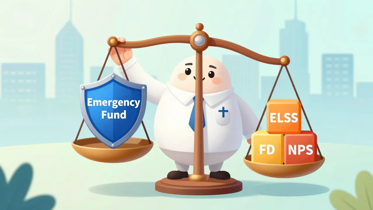 Cartoon financial planner balancing emergency funds and tax investments