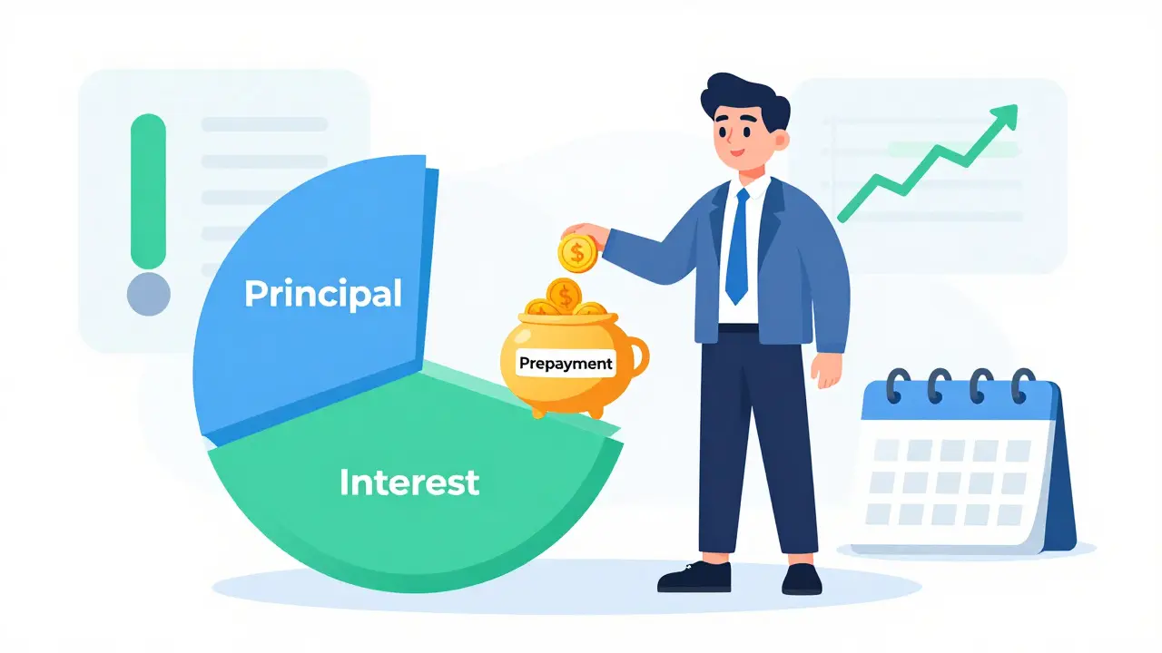 Character demonstrating how prepayments reduce total loan interest with a pie chart