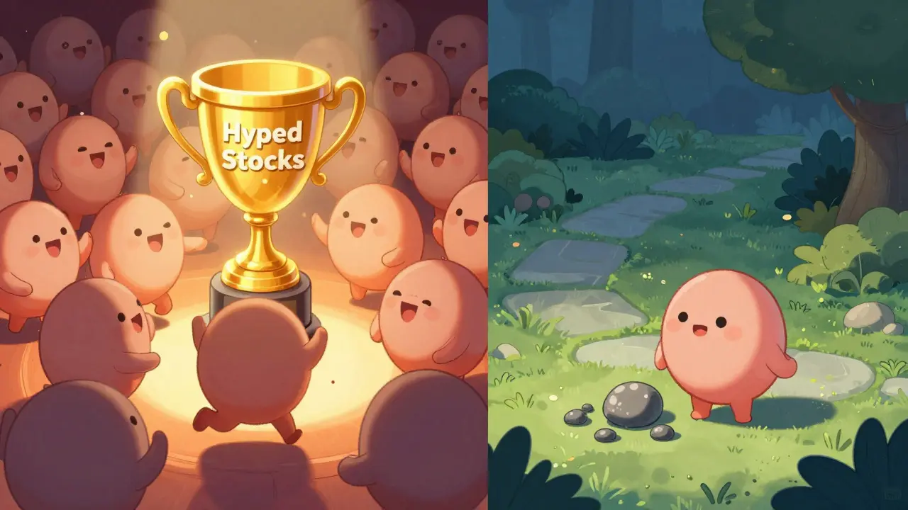 Contrast between a crowded hype party and a calm contra investor picking overlooked assets.