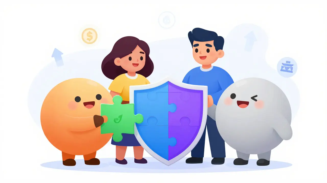 Diverse cartoon team holding puzzle pieces forming a shield, symbolizing a balanced portfolio.