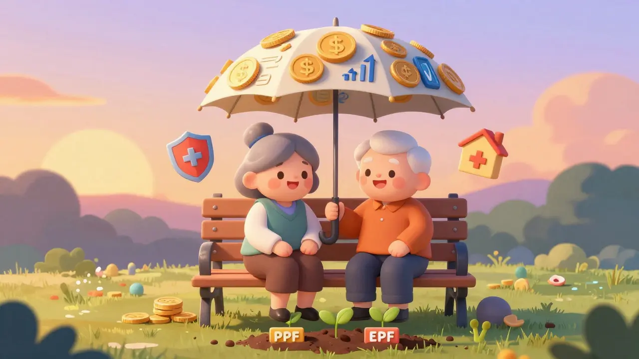Elderly couple enjoying secure retirement funded by savings
