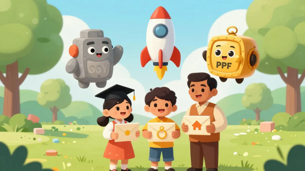 Happy Indian family celebrating funded future goals with investment mascots