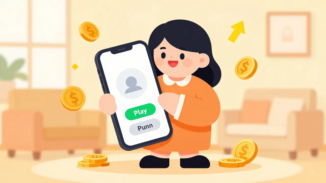 Happy woman holding phone with play and pause buttons for investments