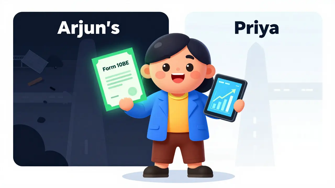 Happy woman holding tax form and tablet