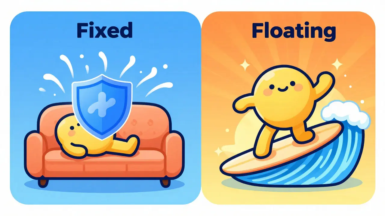 Illustration comparing fixed vs floating interest rates using shields and surfboards