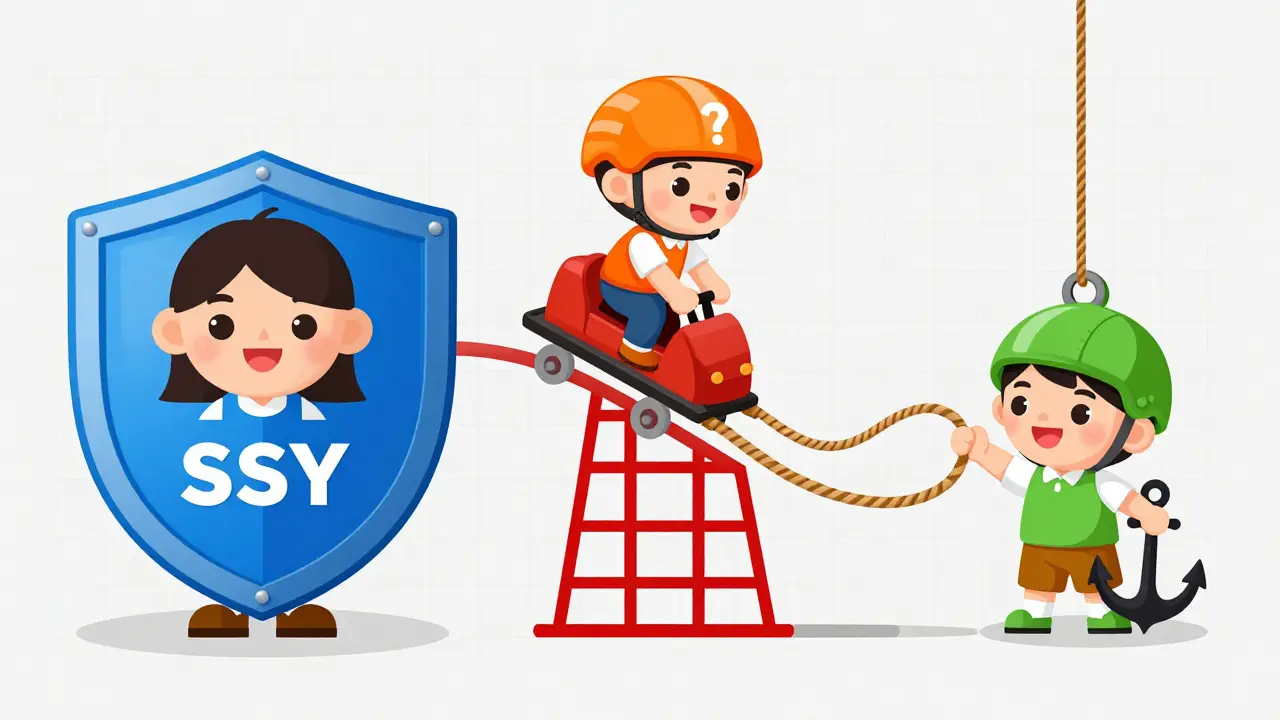 Illustration comparing safe SSY shield, risky ULIP ride, and flexible PPF path