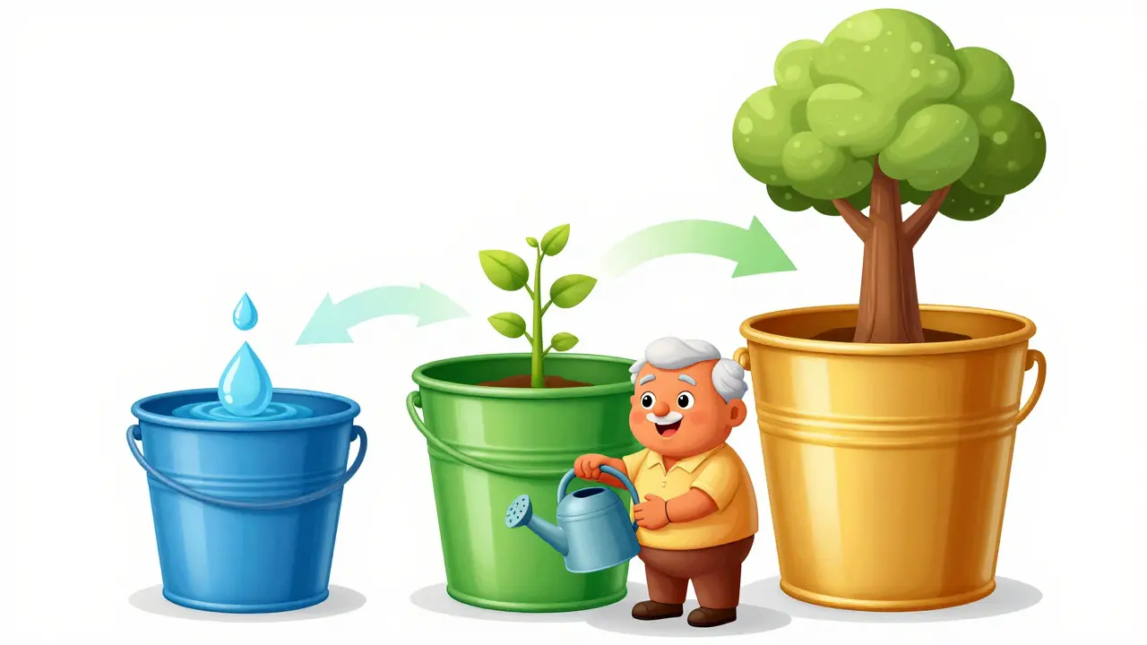 Illustration of money flowing between three buckets showing safety, growth, and legacy for retirees